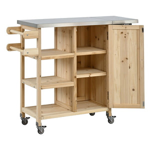 English Elm Foldable Outdoor Kitchen Cart with Stainless Worktop Fir Wood Frame and Lockable Wheels Natural N719P380281N