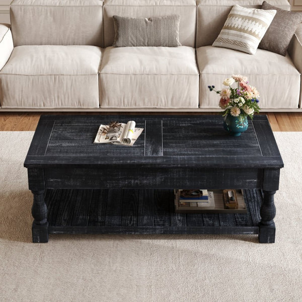 English Elm Farmhouse Lift Top Coffee Table Solid Wood Two Tier Hidden Storage Living Room W1445P412360
