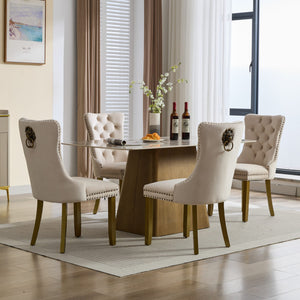 English Elm Mid-Century Tufted Velvet Dining Chair with Lion Head Pull Ring, Gold Legs, Nailhead Trim, Luxurious Support Beige W1143P233644