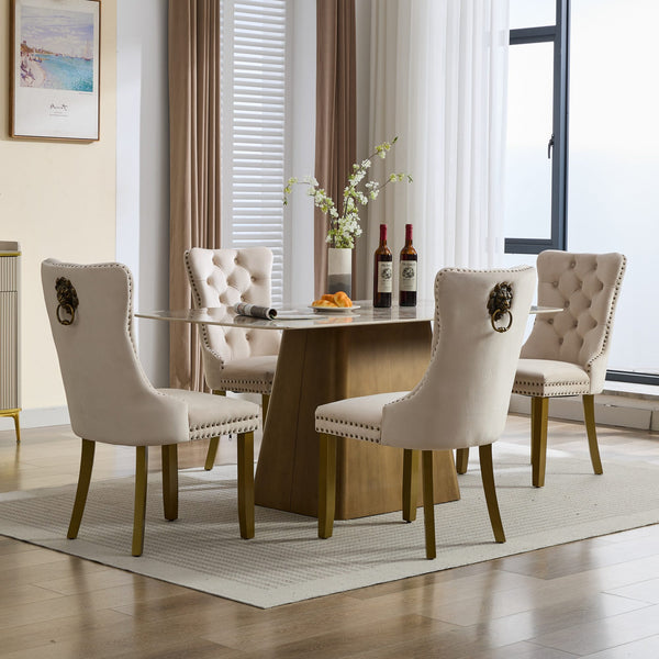 English Elm Mid-Century Lion Head Pull Ring Velvet Dining Chair with Tufted Cushion, Gold Wood Legs, Nailhead Trim Beige W1143P233644