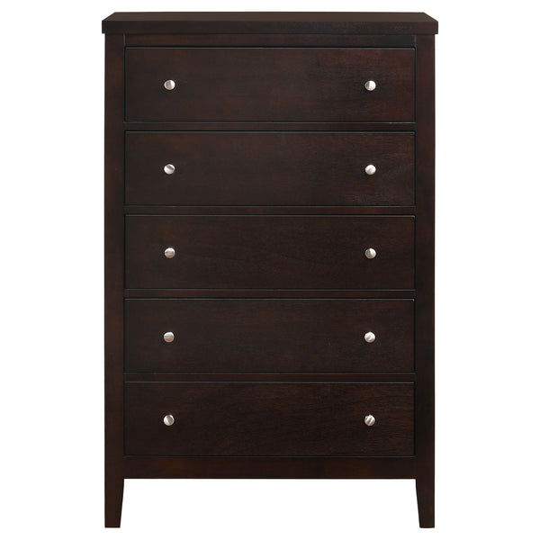 English Elm Payton Cappuccino 5-Drawer Chest with Brushed Silver Handles, Warm Brown Finish for Cozy Elegance B062P328722