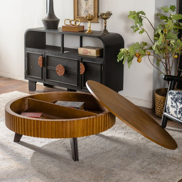 English Elm 39.37" Round Retro Coffee Table Solid Wood Legs Lower Shelf Natural Living Room W757P370275