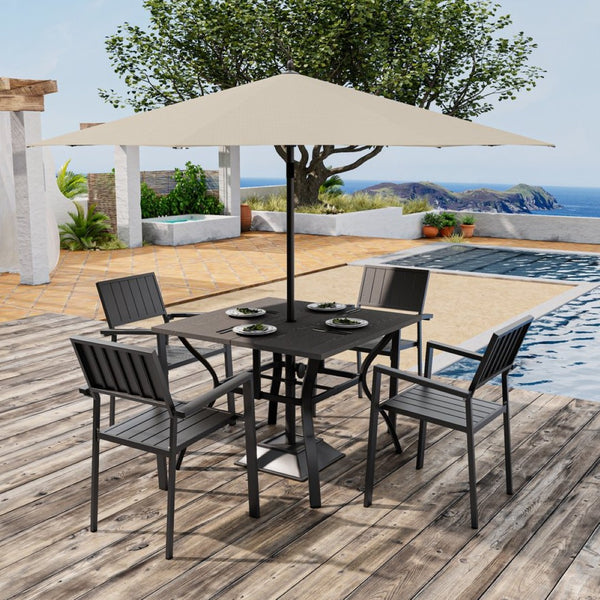 English Elm 5‑piece Outdoor Patio Dining Set Square Iron Table with Wood Grain Finish and Slat Chairs Black W3979S00049