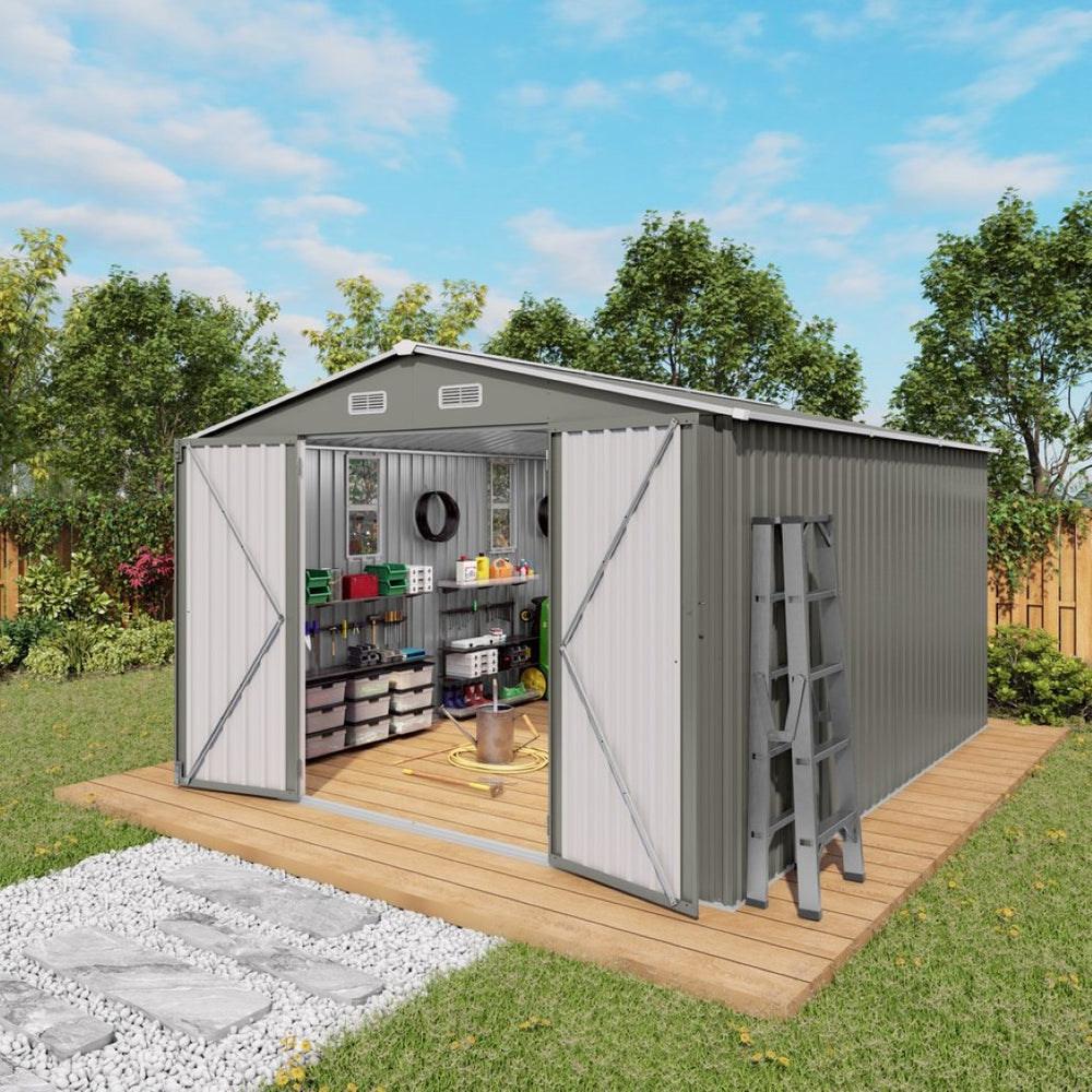 English Elm 10x12ft Galvanized Steel Outdoor Storage Shed with Vented Windows and Lockable Doors W3213S00008