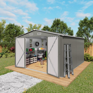 English Elm 10x12ft Galvanized Steel Outdoor Storage Shed with Vented Windows and Lockable Doors W3213S00008