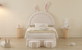 English Elm Twin Size Upholstered Rabbit-Shape Bed With 2 Storage Stools, Velvet Platform Bed With Cartoon Ears Shaped Headboard, White