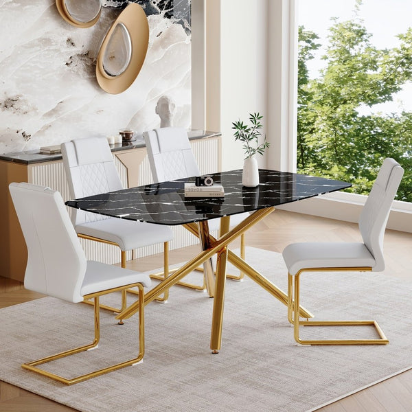 English Elm Table and Chair Set Marble Tempered Glass Top Gold Sculptural Legs Four Pu Seats Black+Gold,White W1151S03294