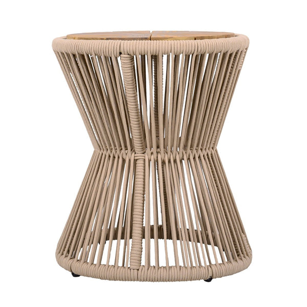 English Elm Outdoor Acacia Wood Top Side Table Woven Rope Iron Frame Hourglass Patio Accent Beige,Light Teak N770P354690L