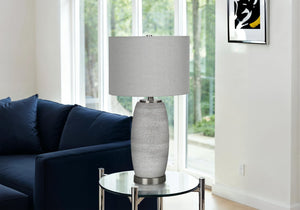 English Elm Lighting, Textured Ceramic 25" Table Lamp with Linen Drum Shade, Polished Silver Accents & 3-Way Switch Grey 15 L x 15 W x 18 H B2710P220127