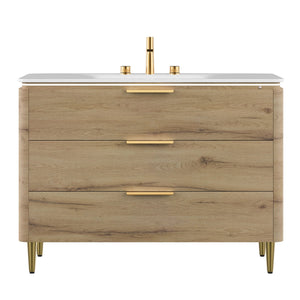 English Elm AMARA 48" Bathroom Vanity with Integrated Sintered Stone Basin, Pre-Assembled Plywood Cabinet, 3 Drawers, Motion Light Carrara White,White Oak W2615P346337