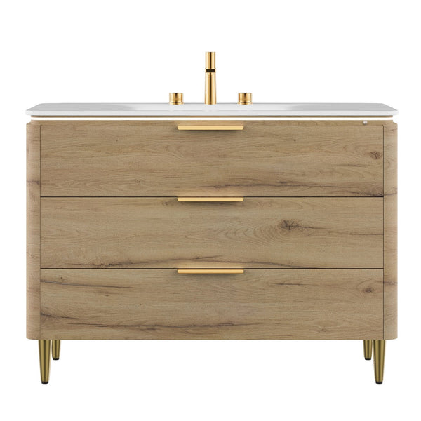 English Elm AMARA 48" Bathroom Vanity with Integrated Sintered Stone Basin, Pre-Assembled Plywood Cabinet, 3 Drawers, Motion Light Carrara White,White Oak W2615P346337