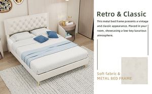 English Elm Suede Tufted Platform Bed Full Size Upholstered Headboard for Restful Bedroom Retreat Beige W1935P361000