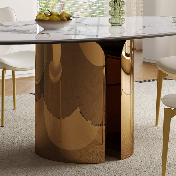 English Elm 70.9-Inch Sintered Stone Oval Dining Table With Copper Base – Modern, Sturdy, Family-Friendly Design! W509S00150