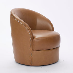 English Elm Light Brown Top-Grain Leather Swivel Accent Chair with 360° Smooth Spin, Rivet Detail, Sturdy 150kg Base W570P386949