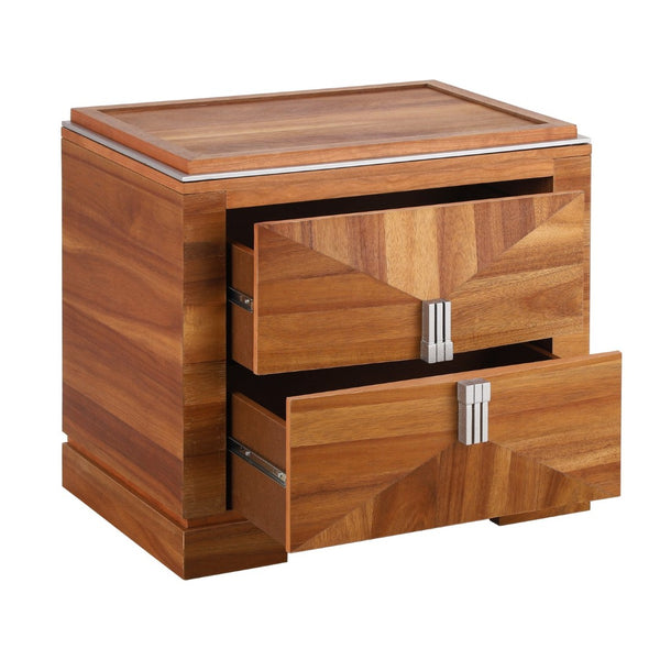 English Elm Mid-century Modern Nightstand with Diamond Geometric Drawers and Heavy Duty Wood Base Light Brown N761P324094M