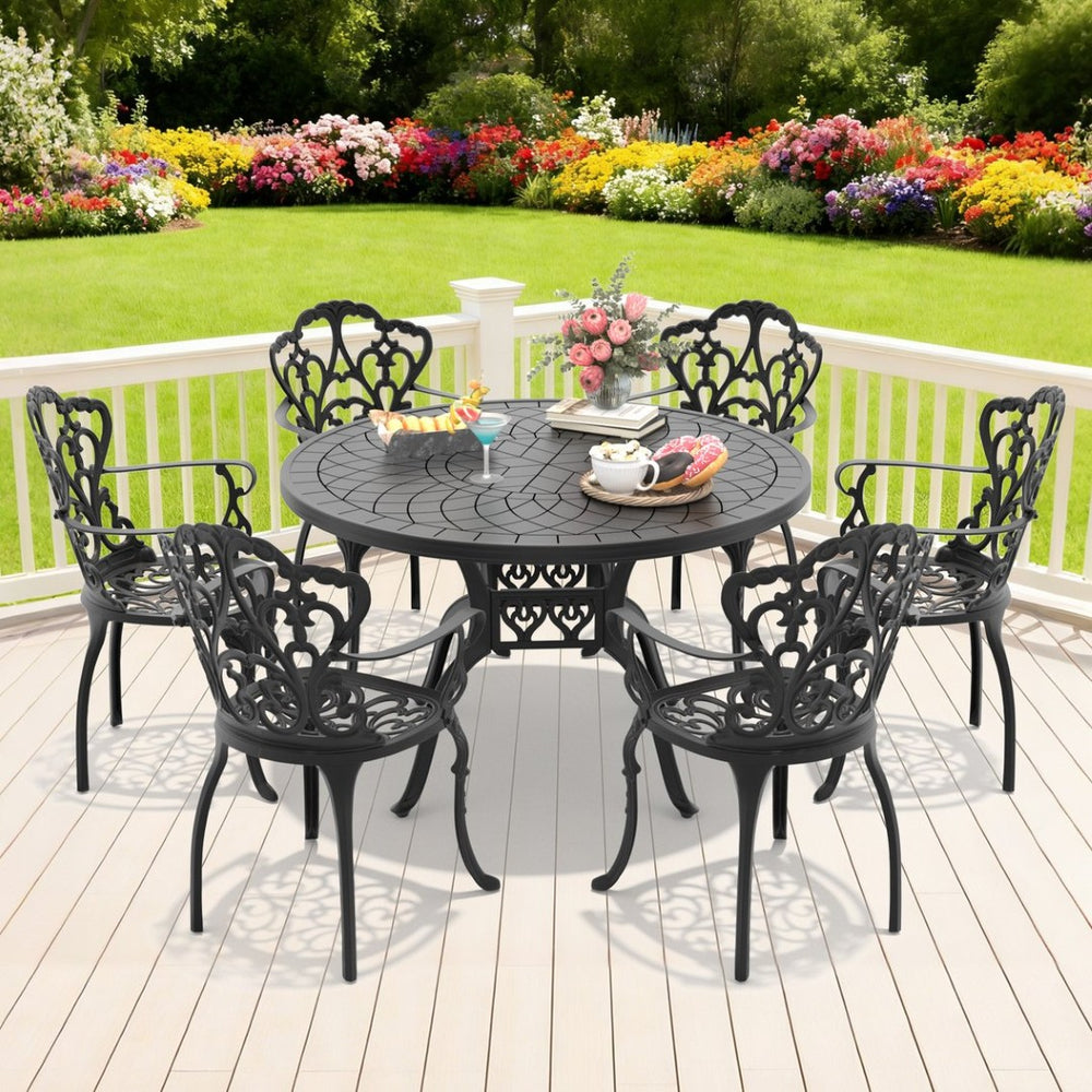 English Elm 7-piece Cast Aluminum Outdoor Dining Set with Carved Relief Patio Furniture W1710S00561
