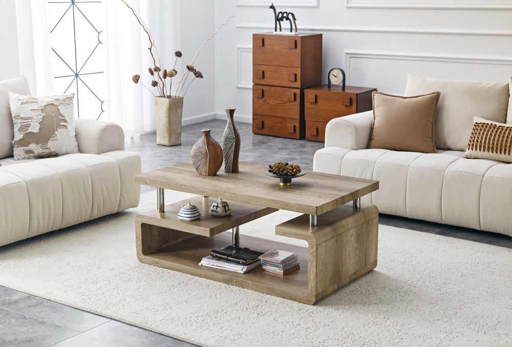 English Elm A Modern Two-tier Mdf Coffee Table with Open Shelf for Living Room Storage Wood W3875P396830