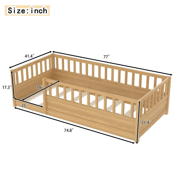 English Elm Twin Montessori Floor Bed Solid Pine Frame with Safety Fence Door for Kids Play Space Natural W1858P382399