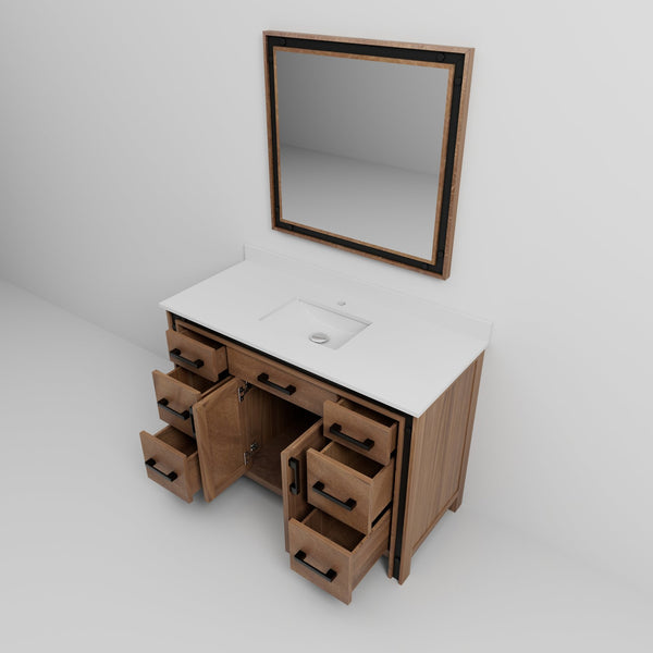 English Elm Rustic Barnwood 48" Bath Vanity with White Quartz Top, Soft-Close Drawers, Mirror & Ample Storage B2731S00807