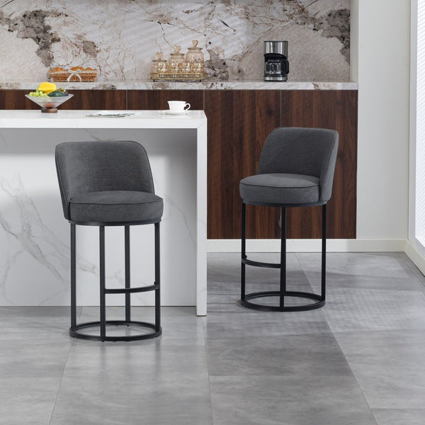 English Elm Counter Height Barstools Set of 2 Linen Upholstered Barrel Seat with Iron Legs Gray W395P410436