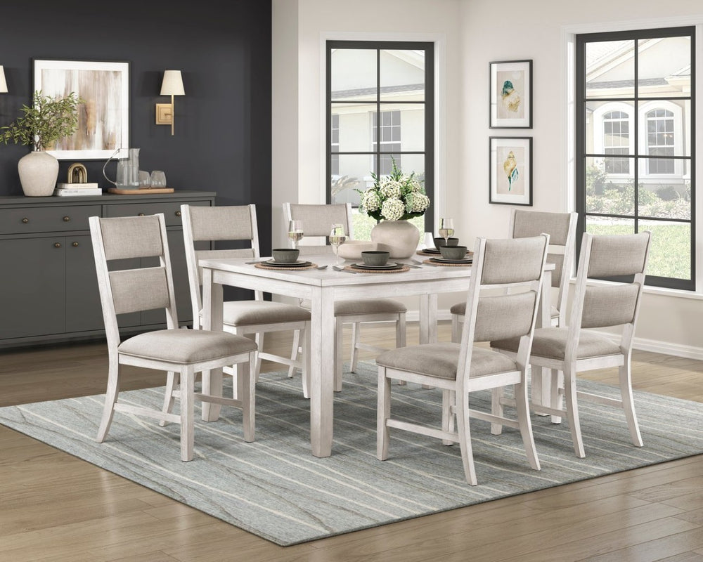 English Elm Modern Farmhouse Dining Set Acacia Veneer Table Six Upholstered Chairs Antique White B011S02063