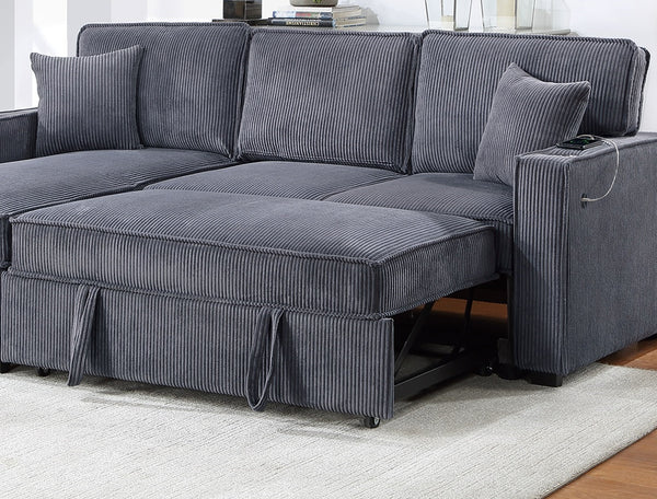 English Elm Convertible Corduroy Sectional Sofa with Reversible Chaise, Hidden Storage, USB Port & Pull-Out Bed Dark Gray 60 L x 30 W x 19 H B011S01243