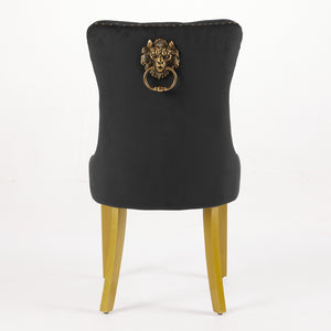 English Elm Mid-Century Velvet Dining Chair with Lion Head Pull Ring, Tufted Solid Wood Seat, Gold Legs Black W1143P193168