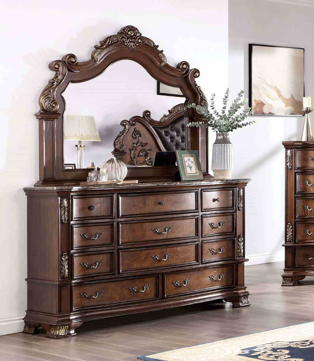 English Elm Brown Cherry Dresser with Genuine Marble Top Bronze Hardware Traditional Bedroom Storage B2741P448890
