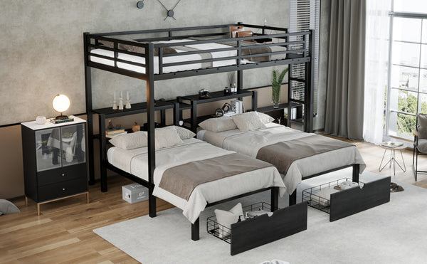 English Elm Twin Triple Bunk Bed Metal L-shaped Frame Sleeps Three Kids White Finish W1580S00480