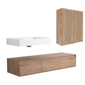 English Elm 60-Inch Wall-Mounted Bathroom Vanity With Integrated Resin Sink, Soft-Close Drawers & Elegant Oak Finish W999S00358