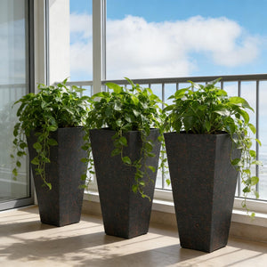 English Elm Set of 3 Tall Square Faux Marble Column Planters for Patio Entryway or Balcony Brown T3971P440164