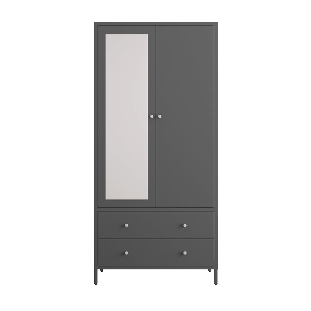 English Elm Metal Armoire Retro Steel Wardrobe with Mirror Door, 2 Drawers, Hanging Rod & Magnetic Closure, Dark Gray W2378P176281