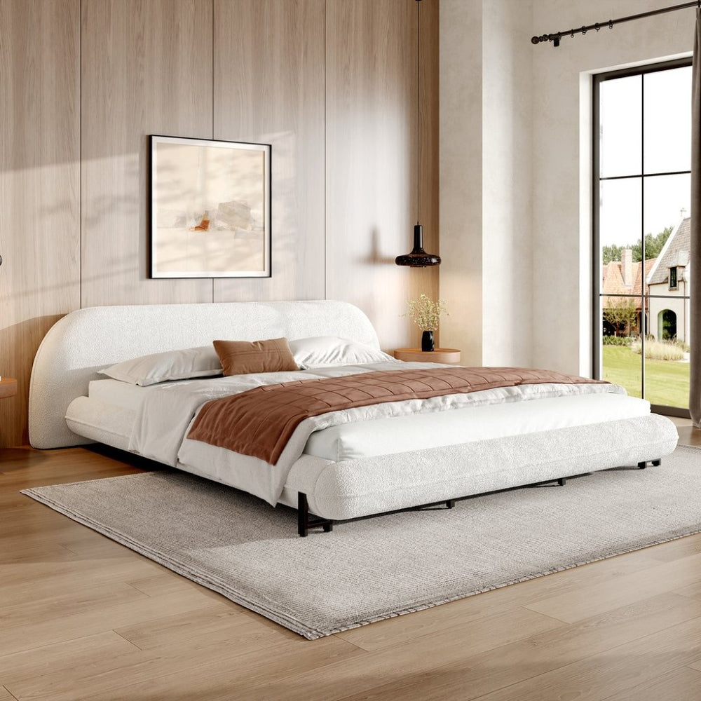 English Elm California King Boucle Platform Bed Curved Sculpted Frame Padded Headboard Bedroom N757C387448W