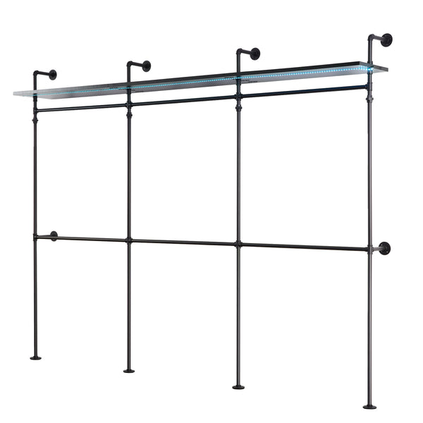 English Elm Industrial Pipe Clothing Rack Reversible 118.3" Heavy-Duty Garment & Walk-In Wardrobe with LED Lights, Shelves and Wall-Mount Stability W1820P214612