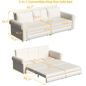 English Elm Chesterfield Velvet King Sleeper Sofa with Nailhead Trim and Rolled Arms for Living Room Beige+White W1885S00362