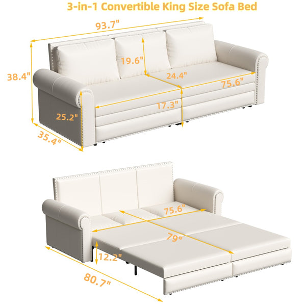 English Elm Chesterfield Velvet King Sleeper Sofa with Nailhead Trim and Rolled Arms for Living Room Beige+White W1885S00362