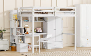 English Elm Twin Over Full Bunk Bed Solid Pine Frame with Built-in Slide and Storage Staircase White W504S00264