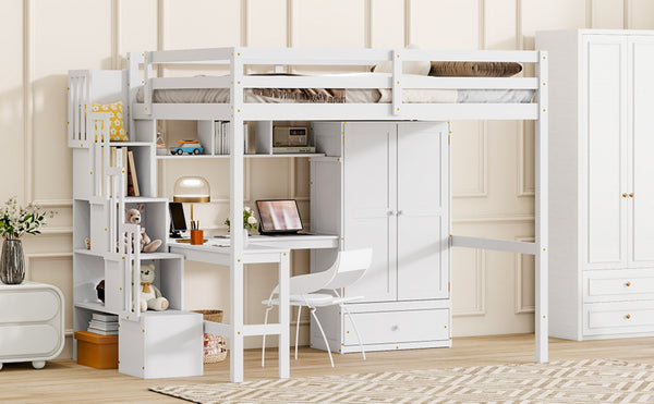 English Elm Twin Over Full Bunk Bed Solid Pine Frame with Built-in Slide and Storage Staircase White W504S00264