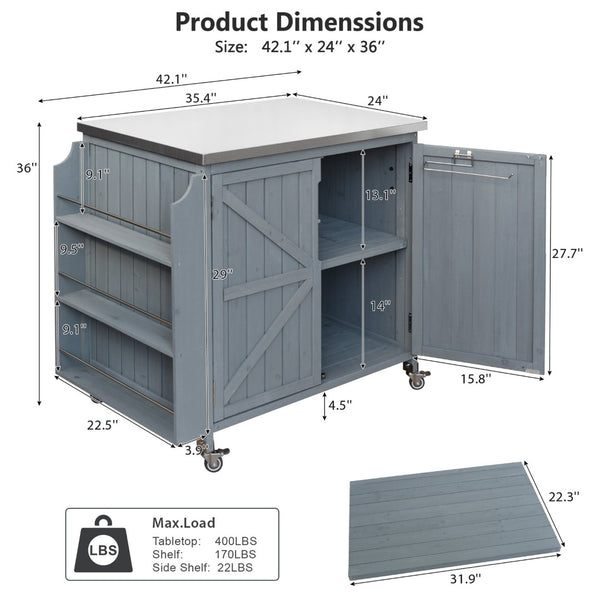 English Elm K&k Rolling Outdoor Kitchen Island Solid Fir Wood Stainless Steel Top Storage Cabinet Grey+Blue N707P370287G