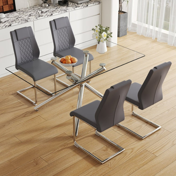 English Elm Table Modern Luxurious Dining Set - Transparent Glass Top With 4 Dark Gray Pu Chairs & Silver Legs W1151S04129-GIGA