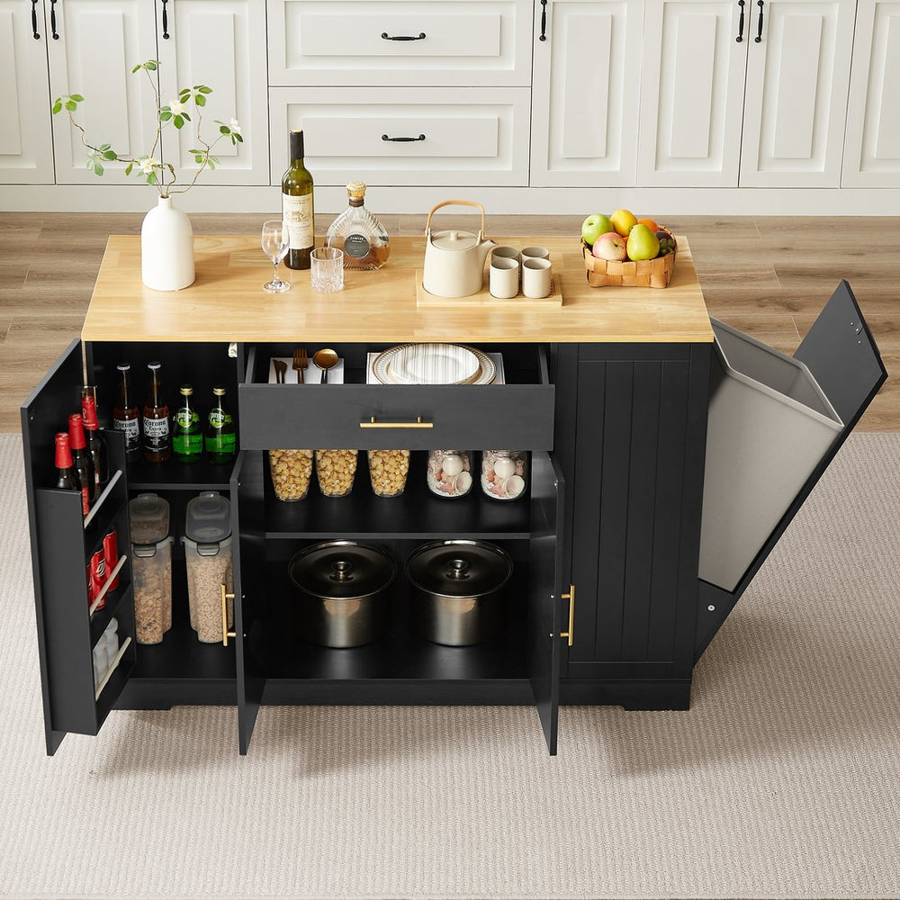 English Elm 53'' Kitchen Island with Drawers & Trash Storage, Modern Farmhouse Black, 53.2"x20.9"x38" Durable Design W1820P266160