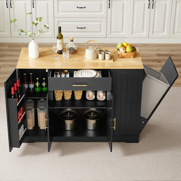English Elm 53'' Kitchen Island with Drawers & Trash Storage, Modern Farmhouse Black, 53.2"x20.9"x38" Durable Design W1820P266160