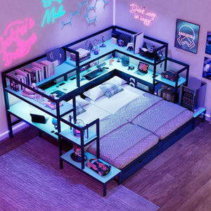 English Elm Twin Gaming Daybed with Led Strips Desk Pegboard Bookcase and Three Storage Drawers Black+Blue N820S00083C