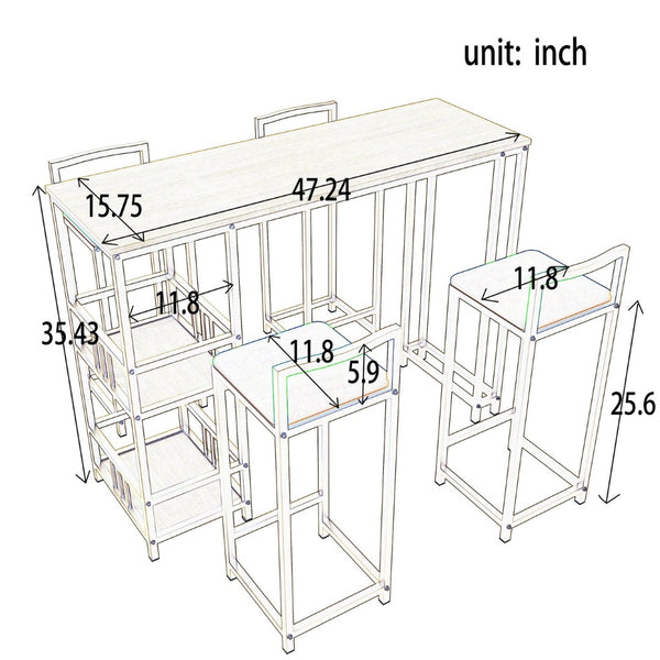 English Elm Bar Table and Four Cushioned Chairs Gold Iron Frame with Built-in Shelf Coastal Style W3064P245382