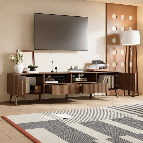 English Elm 78 Inch Walnut Entertainment Center Fluted Doors Solid Wood Legs for Living Room N710P372538P