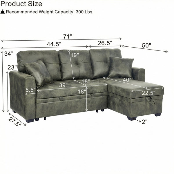 English Elm Sleeper Sectional Sofa with Pull Out Bed Storage Chaise Tufted Olive Fabric W5568S00036