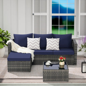 English Elm 2 Piece Outdoor Rattan Sectional Set with Ottoman and Glass Top Coffee Table Dark Blue W874P264741