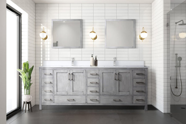 English Elm Distressed Grey Double Bath Vanity 84 in. W with Cultured Marble Top, Soft-Close Drawers & Mirror B2731S00899