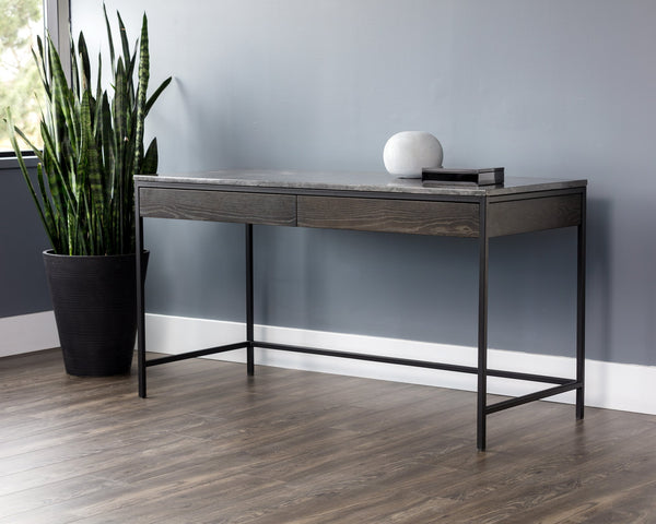 Sunpan Stamos Modern Console Table with Grey Marble Top, Charcoal Oak Base & Black Iron Frame - Stylish & Functional