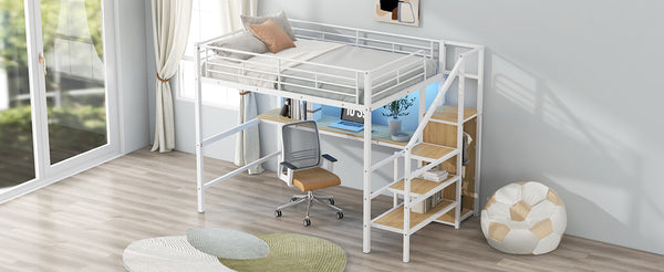 English Elm Full Size Metal Loft Bed With Desk, Storage Staircase, Wardrobe & Led Light For Small Spaces GX000620AAK-1